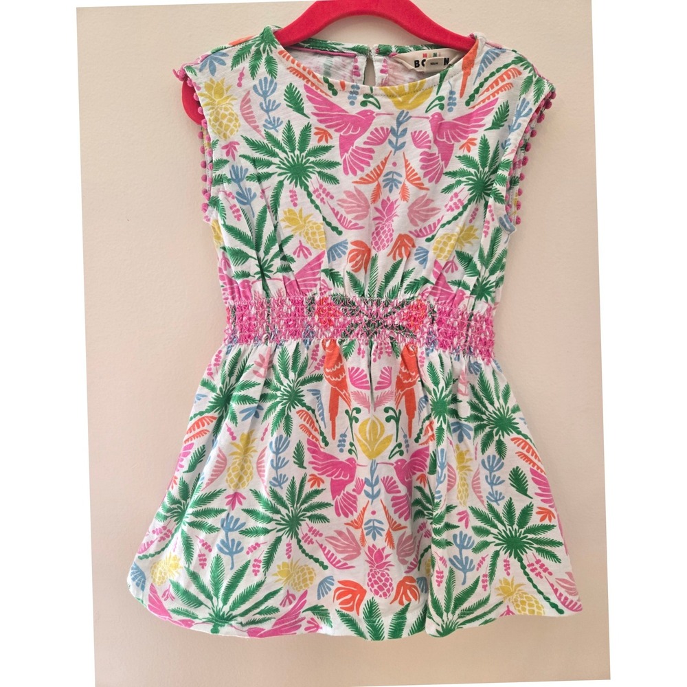 Mini Boden Tropical Bird & Palm Print Dress - Pink, Green, Yellow, Blue